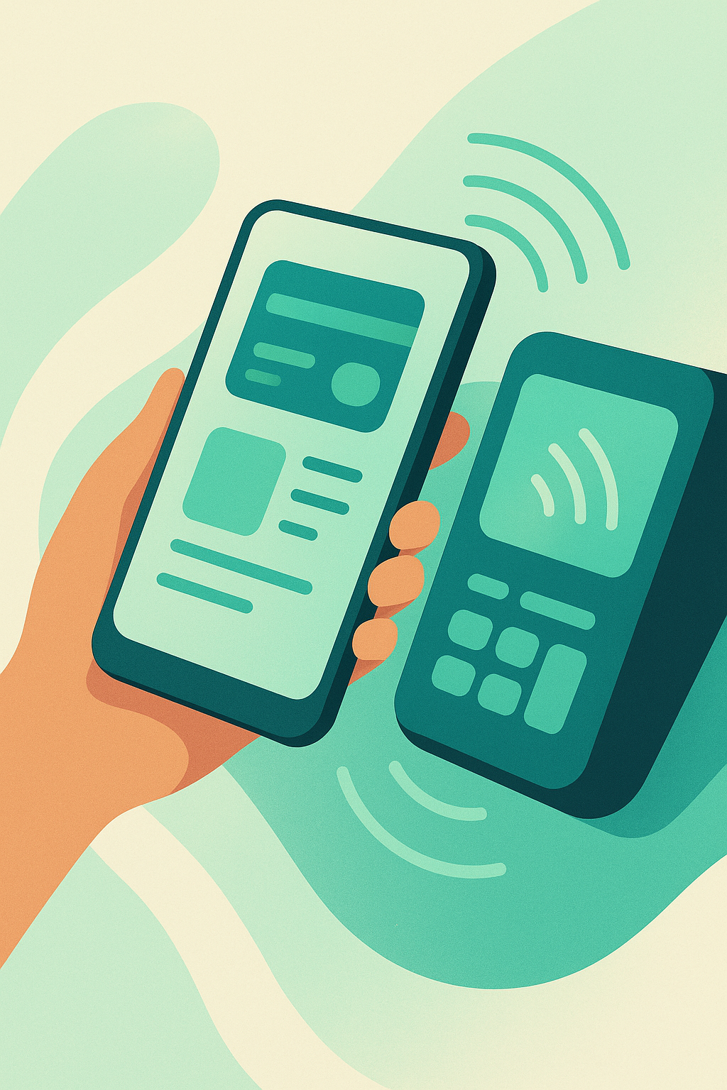 Ilustración de un teléfono acercándose a un terminal de pago digital con líneas que sugieren conexión